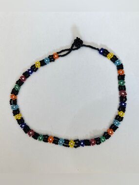 90s/00s Vintage Handmade Black Beaded Choker with Multicolor Flower Beads